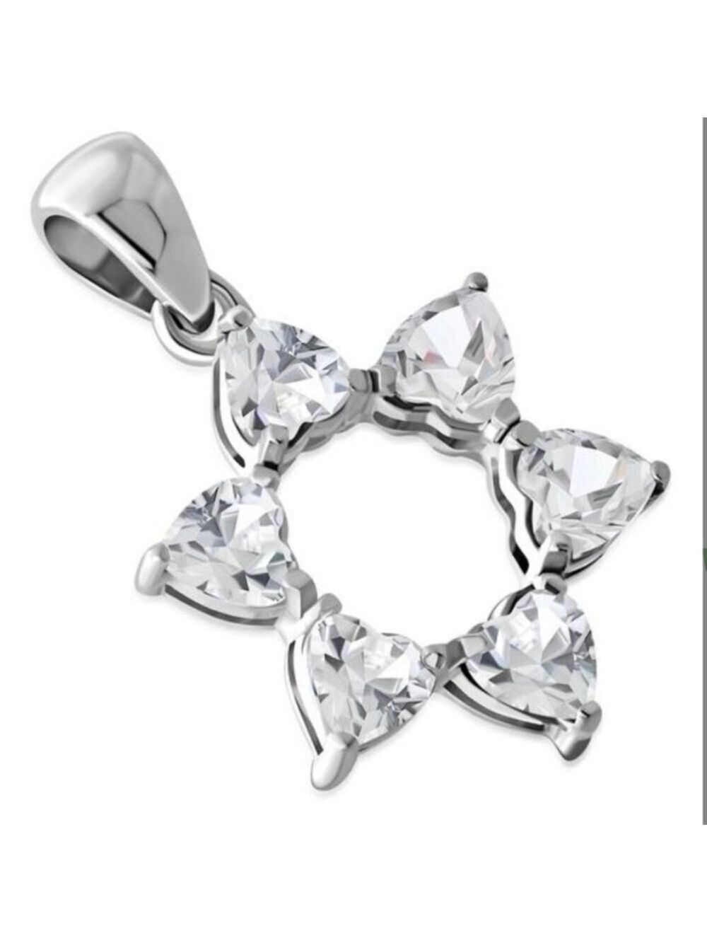 Pendant: Heart Shape Clear CZ Star of David Silver Pendant
